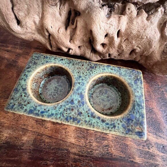 Two Vintage Pier 1 Ceramic Tea Light Candle Holders With Textured Blue Green & R - Picture 3 of 8